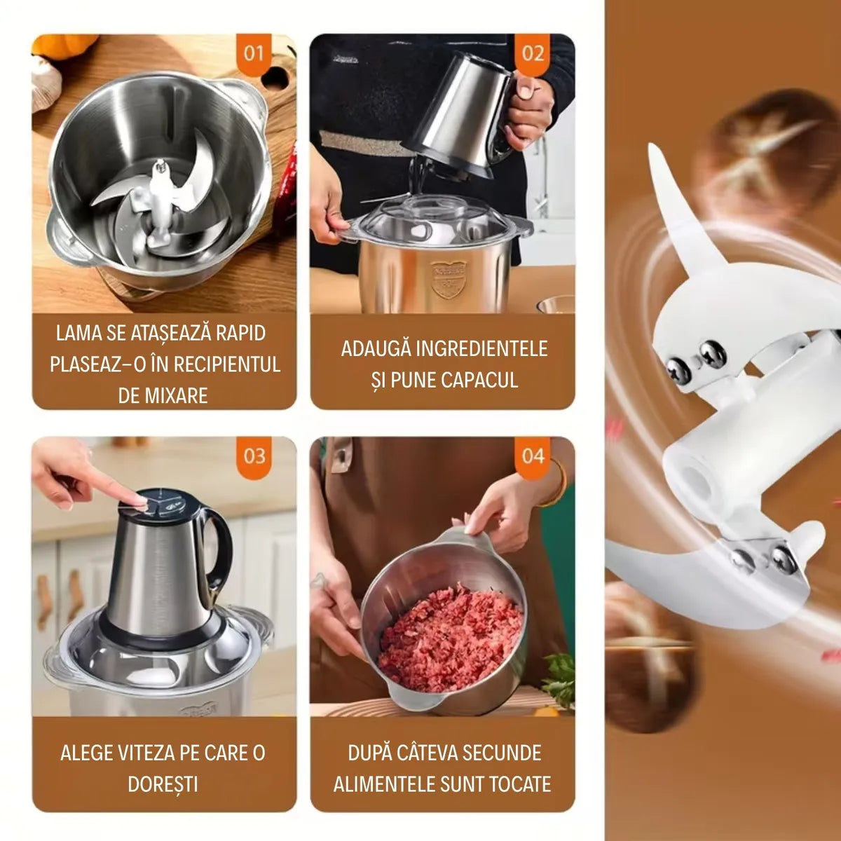 Tocător Profesional XXL 3L (1000W) – Prepară Carnea și Legumele pentru Întreaga Familie în 30 de Secunde