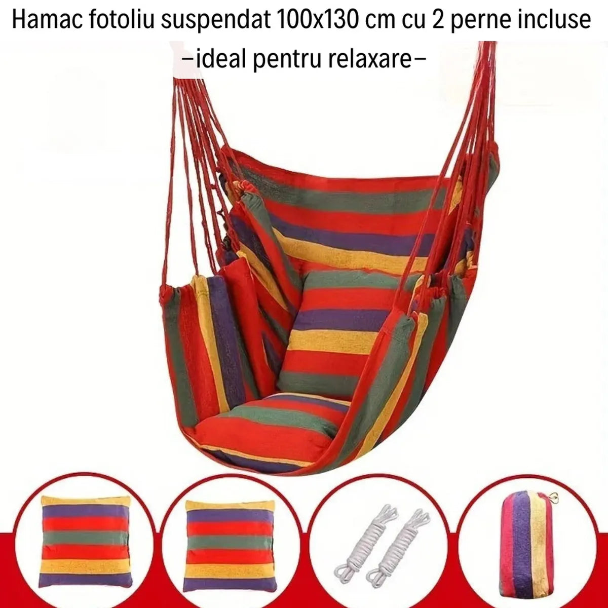 Hamac Tip Scaun Suspendat 100 x 130 cm cu 2 Perne Incluse - Ideal pentru Relaxare -