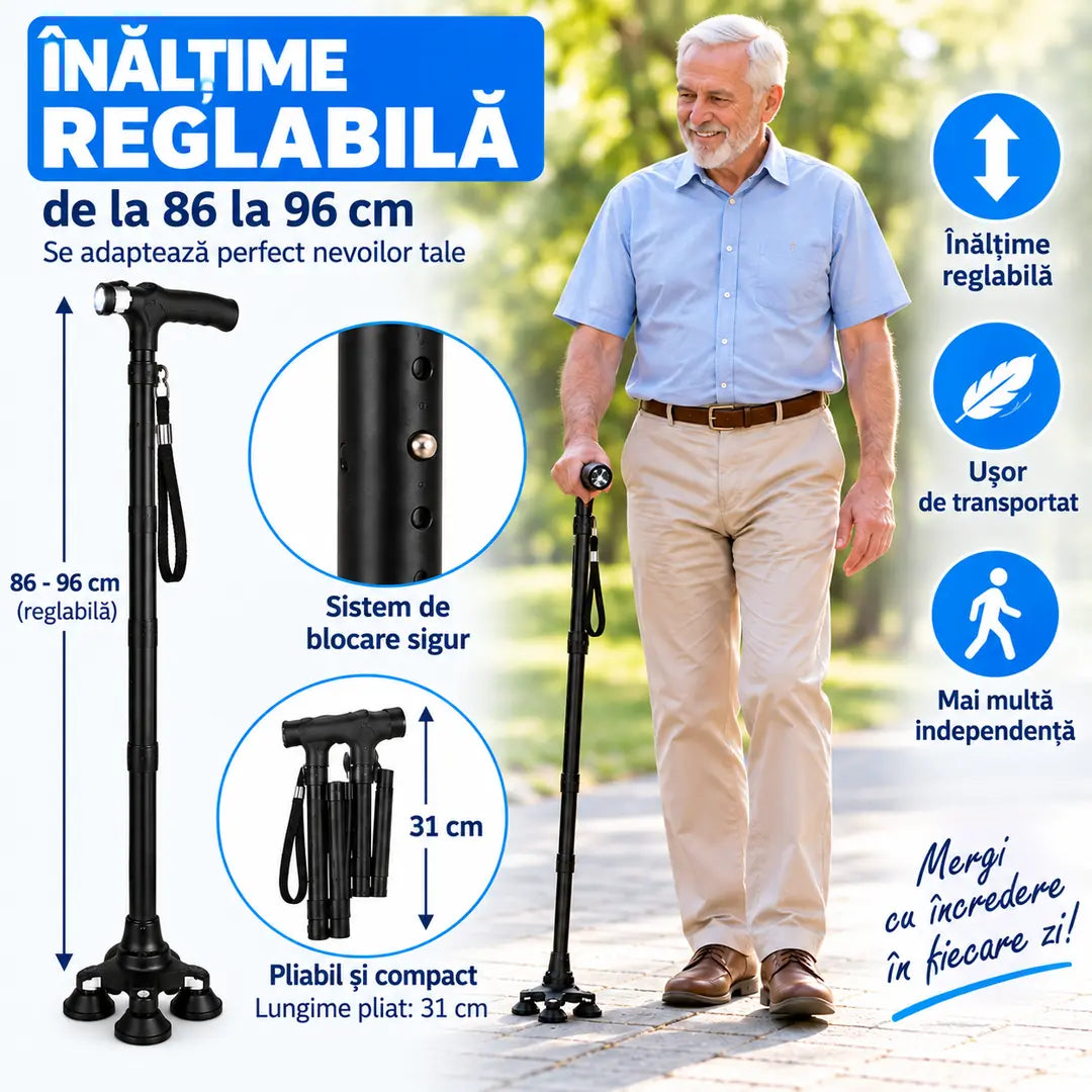 Siguranță la fiecare pas! – Baston Pliabil și Reglabil cu Lanternă LED și Bază Stabilizatoare