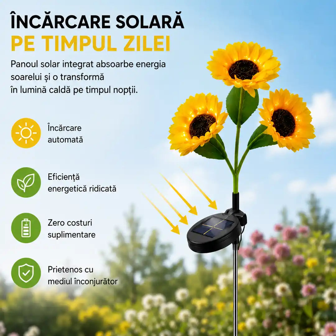 🌻 Flori Care Strălucesc în Fiecare Seară – Lampă Solară LED 2/Set, Model Floarea-Soarelui, 75cm