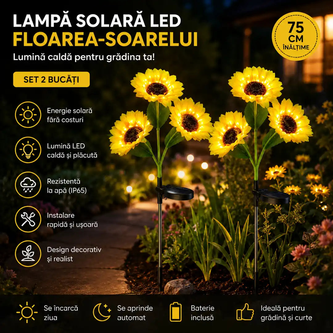 🌻 Flori Care Strălucesc în Fiecare Seară – Lampă Solară LED 2/Set, Model Floarea-Soarelui, 75cm