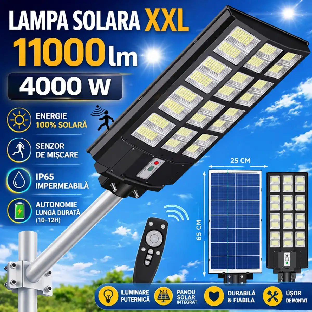 Zero costuri la curent, lumină maximă garantată! Lampa Solară XXL cu 1152 LED-uri și senzore de mișcare + Telecomandă