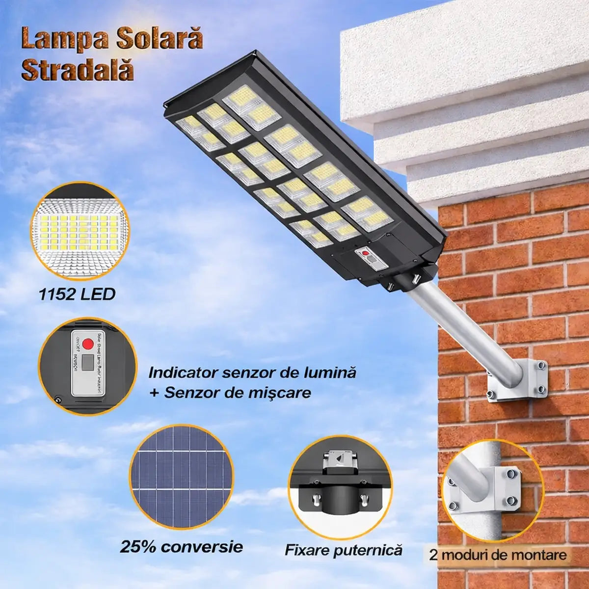 Zero costuri la curent, lumină maximă garantată! Lampa Solară XXL cu 1152 LED-uri și senzore de mișcare + Telecomandă