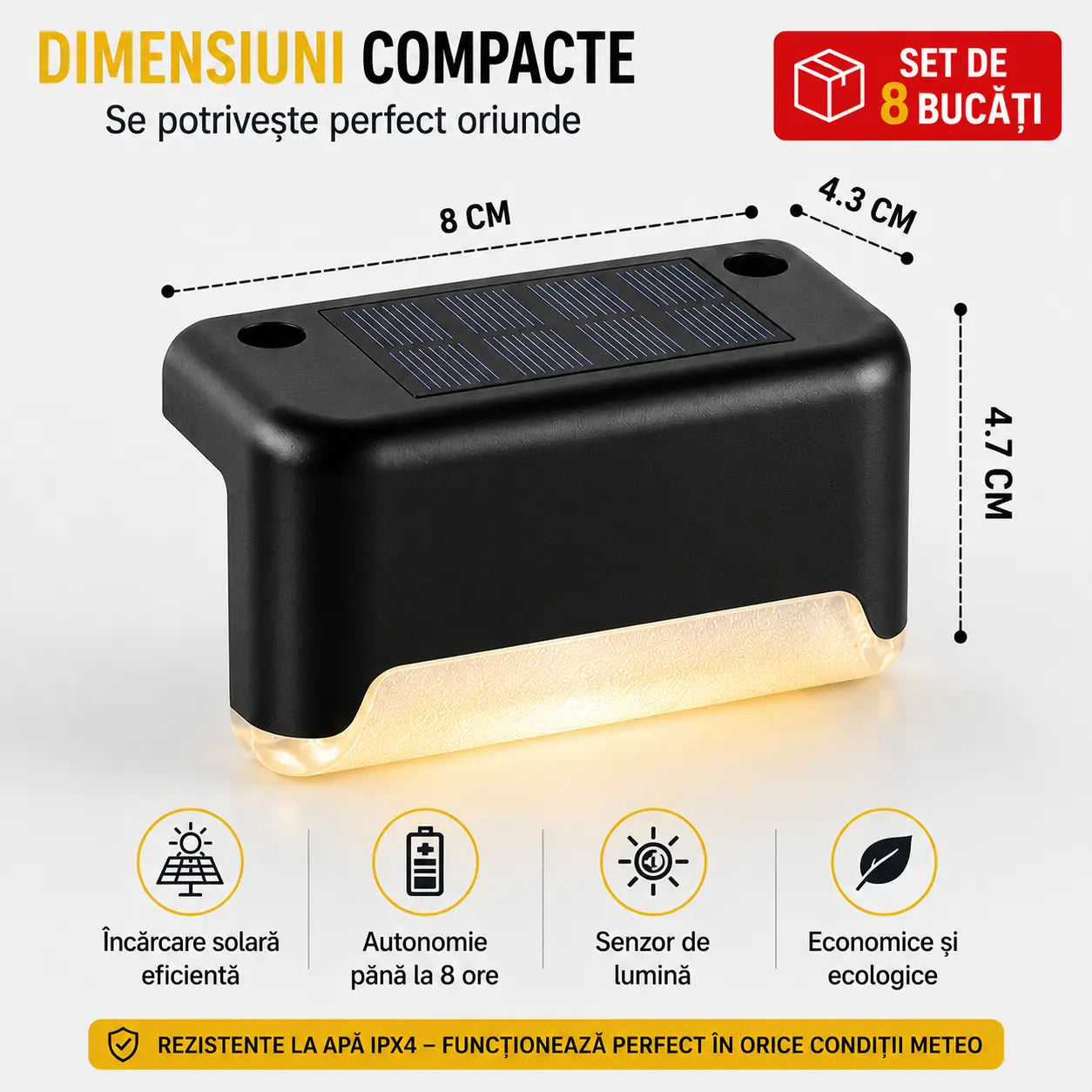 Scări și alei iluminate – Set 8 Lămpi Solare pentru Trepte LED IPX4