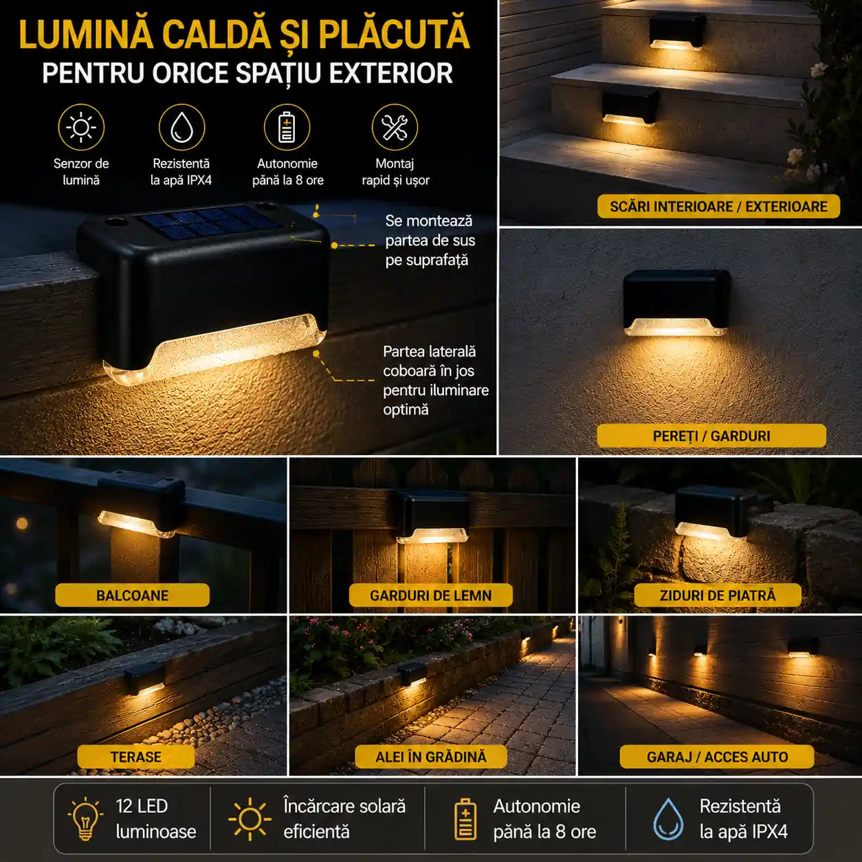 Scări și alei iluminate – Set 8 Lămpi Solare pentru Trepte LED IPX4