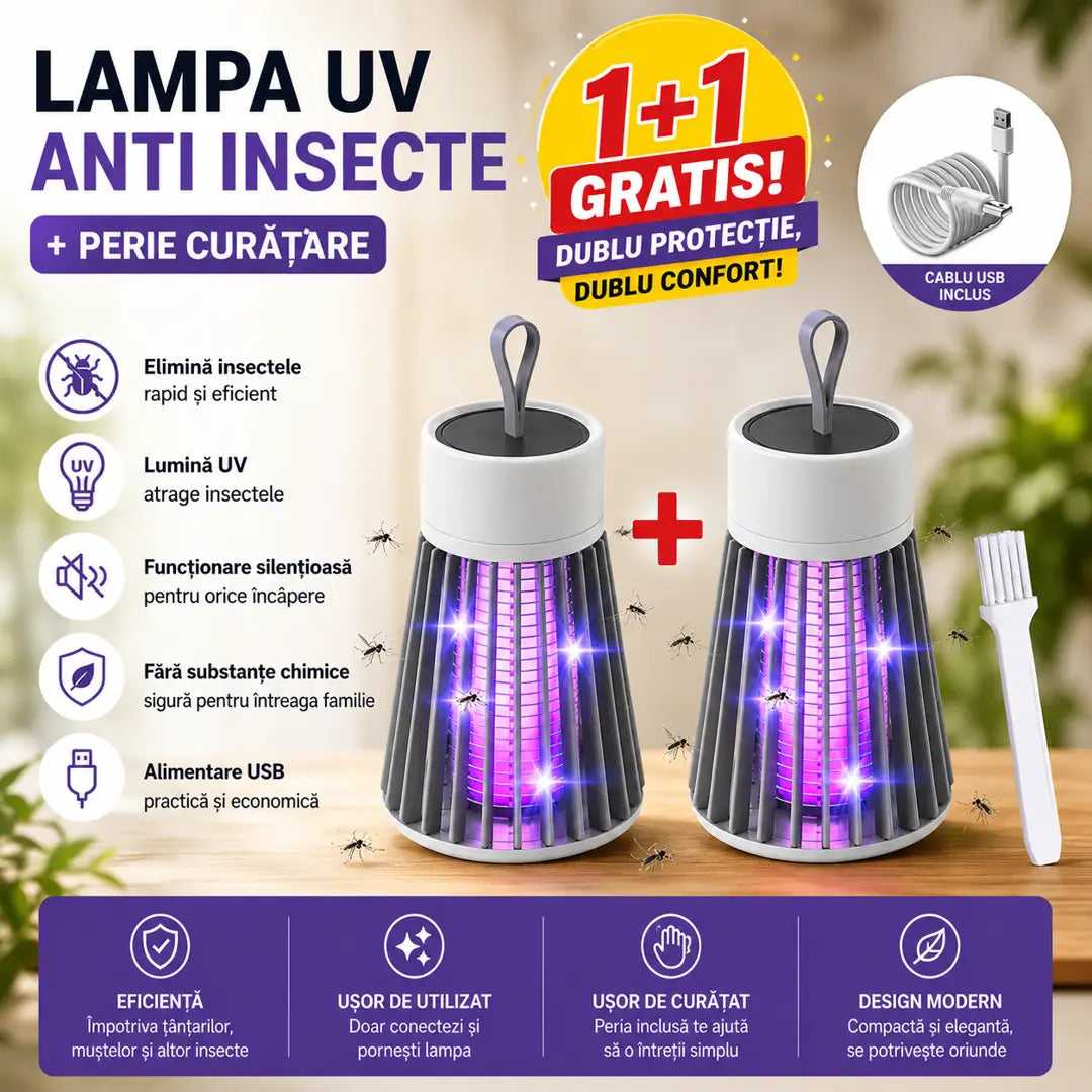 1+1 GRATIS – Gata cu Țânțarii din Casă – Lampă UV Anti Insecte Silențioasă + Perie Curățare CADOU