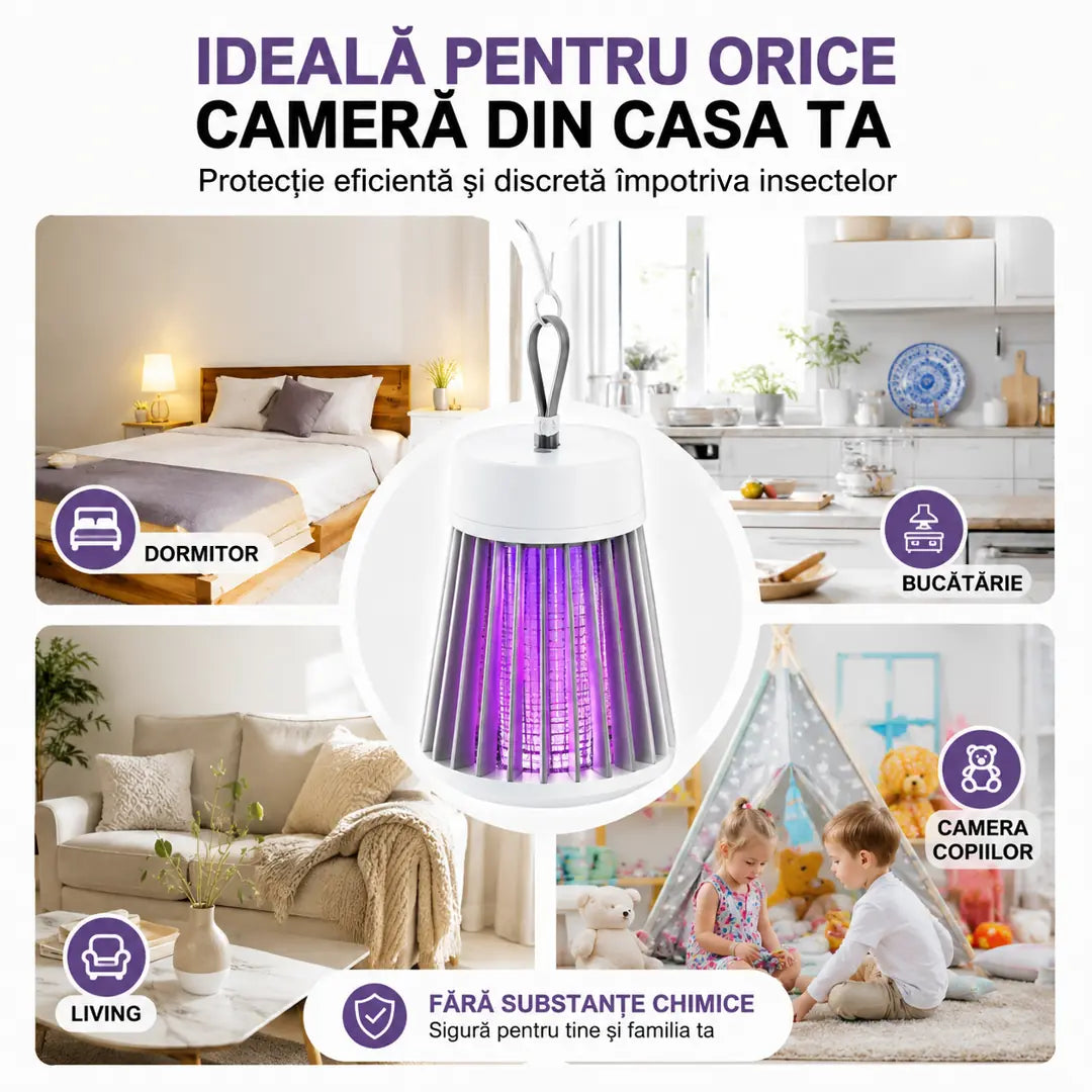 1+1 GRATIS – Gata cu Țânțarii din Casă – Lampă UV Anti Insecte Silențioasă + Perie Curățare CADOU