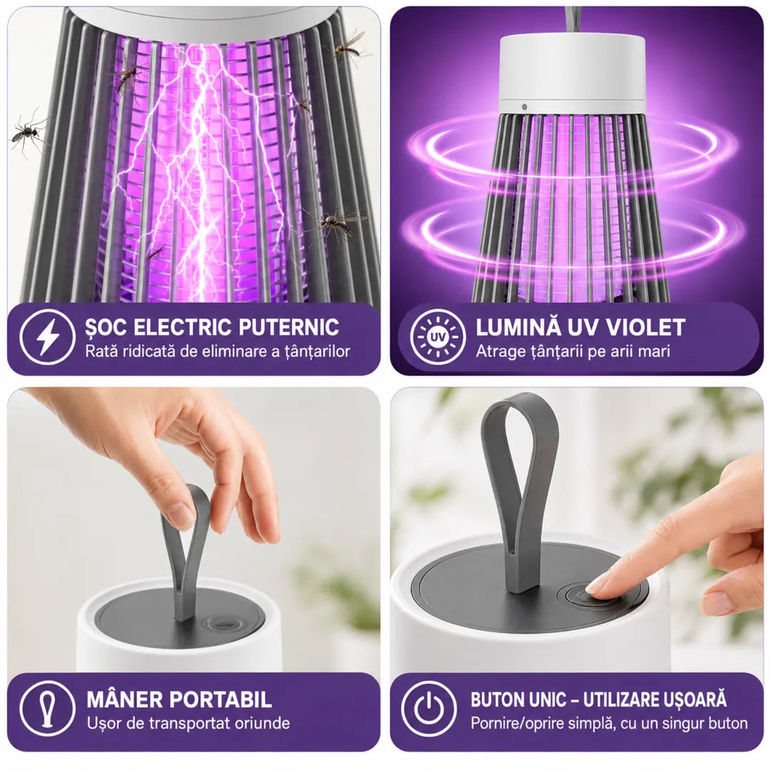 1+1 GRATIS – Gata cu Țânțarii din Casă – Lampă UV Anti Insecte Silențioasă + Perie Curățare CADOU