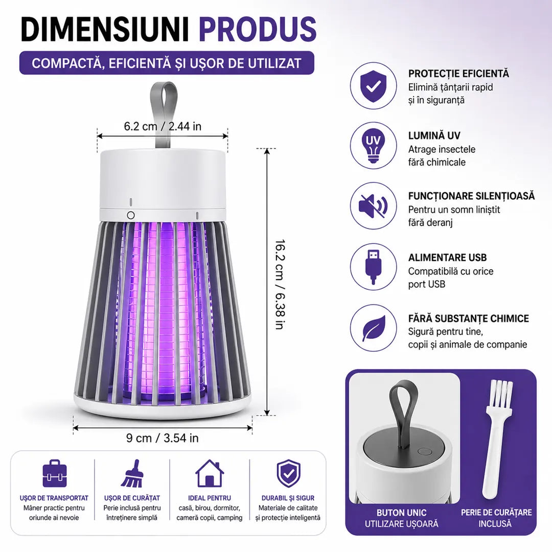 1+1 GRATIS – Gata cu Țânțarii din Casă – Lampă UV Anti Insecte Silențioasă + Perie Curățare CADOU