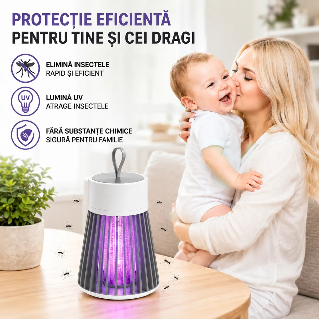 1+1 GRATIS – Gata cu Țânțarii din Casă – Lampă UV Anti Insecte Silențioasă + Perie Curățare CADOU