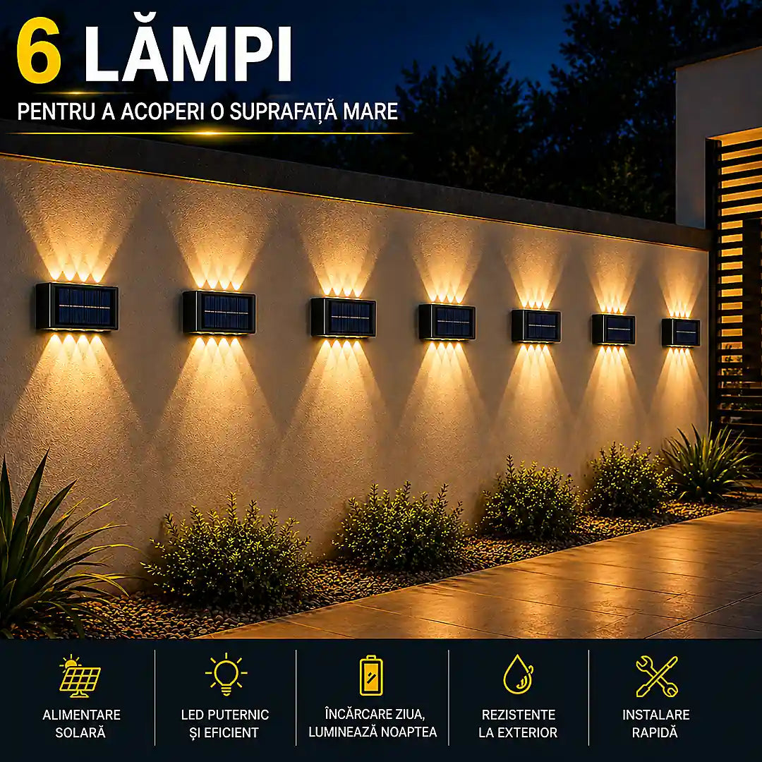 Ambient perfect fără efort - Set 6 Lămpi Solare de Perete cu Lumină Caldă - 12 LED-uri
