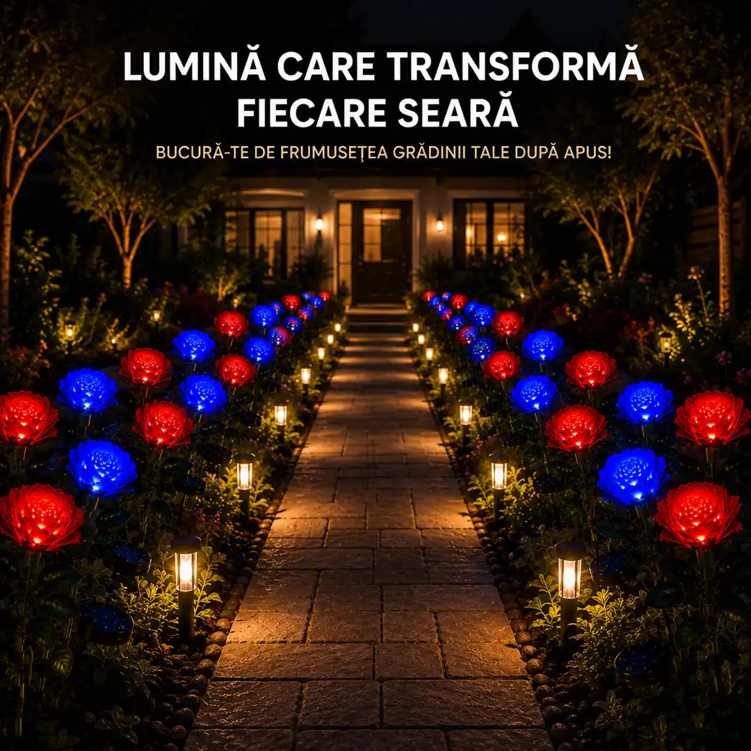 🌹 Transformă-ți Grădina într-un Spectacol de Lumină – Set 2 Lămpi Solare Trandafir cu 3 Flori LED Roșu/Albastru