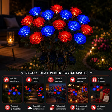 🌹 Transformă-ți Grădina într-un Spectacol de Lumină – Set 2 Lămpi Solare Trandafir cu 3 Flori LED Roșu/Albastru