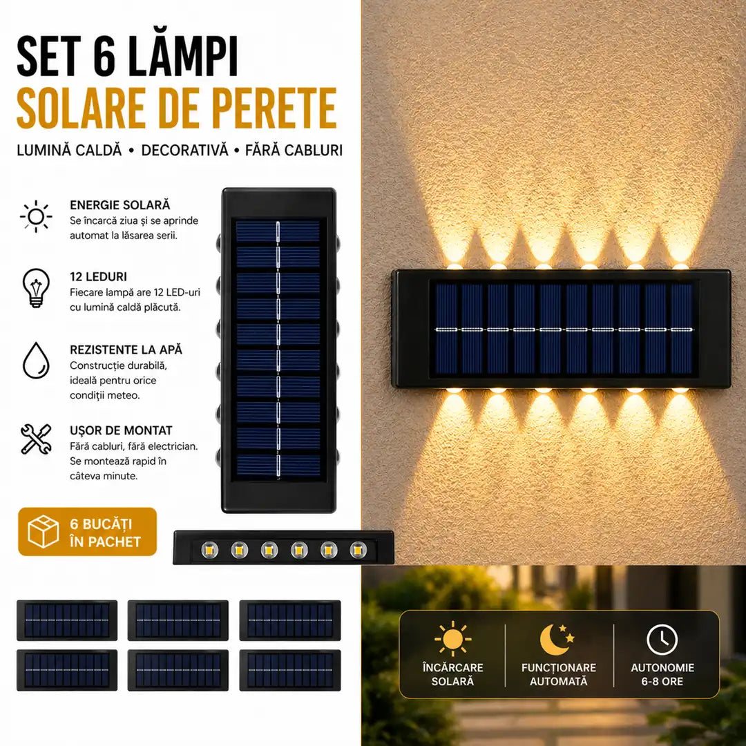 Ambient perfect fără efort - Set 6 Lămpi Solare de Perete cu Lumină Caldă - 12 LED-uri