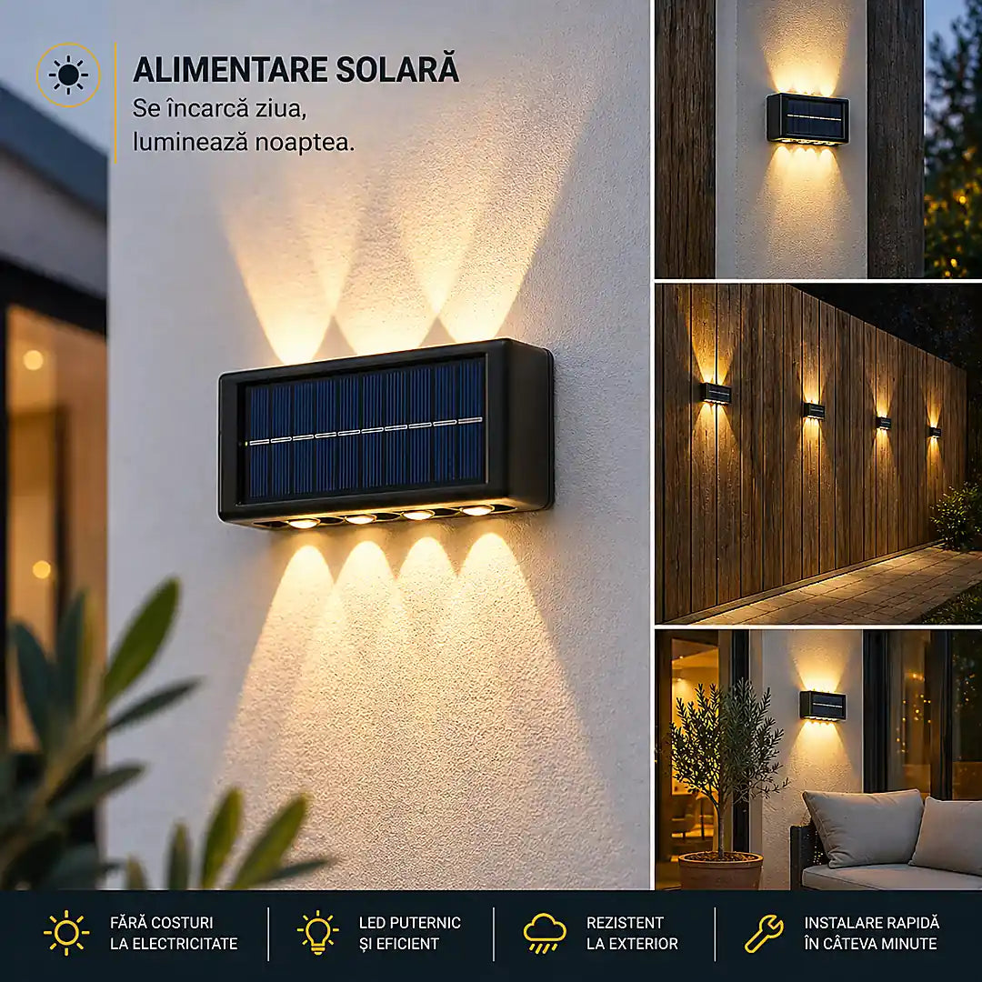 Ambient perfect fără efort - Set 6 Lămpi Solare de Perete cu Lumină Caldă - 12 LED-uri