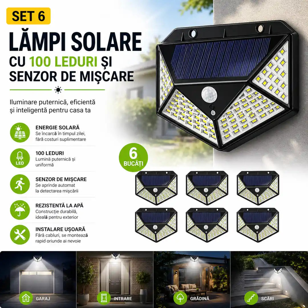 Set 6 Lămpi Solare cu 100 LED-uri și Senzor de Mișcare