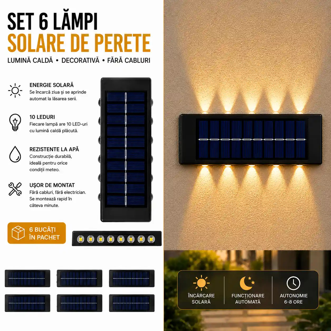 Ambient perfect fără efort - Set 6 Lămpi Solare de Perete cu Lumină Caldă - 10 LED-uri