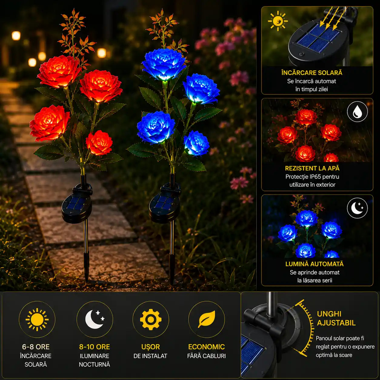 🌹 Transformă-ți Grădina într-un Spectacol de Lumină – Set 2 Lămpi Solare Trandafir cu 3 Flori LED Roșu/Albastru