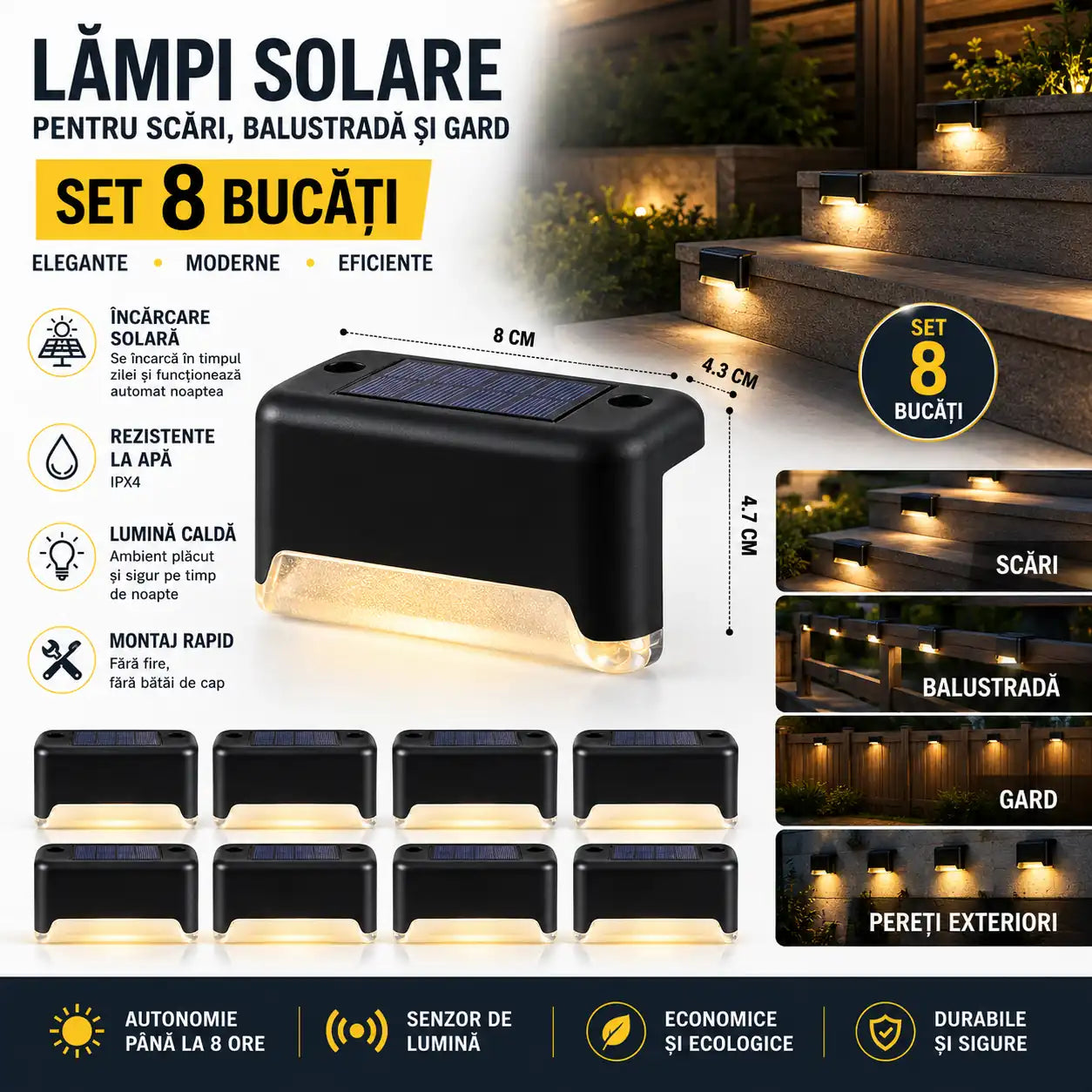 Scări și alei iluminate – Set 8 Lămpi Solare pentru Trepte LED IPX4