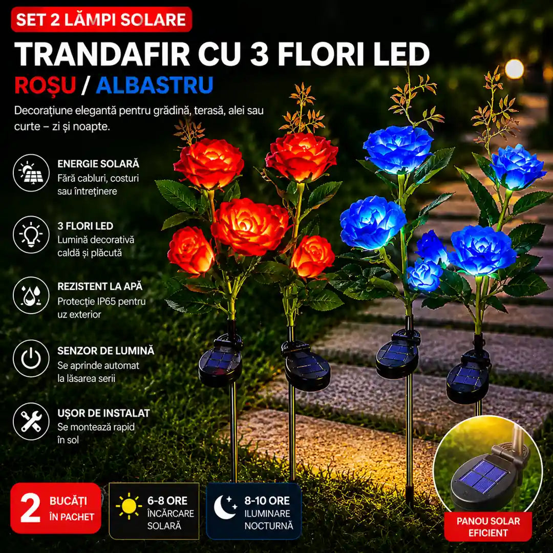 🌹 Transformă-ți Grădina într-un Spectacol de Lumină – Set 2 Lămpi Solare Trandafir cu 3 Flori LED Roșu/Albastru