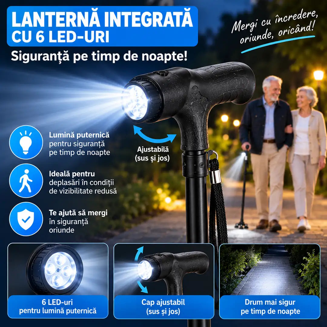 Siguranță la fiecare pas! – Baston Pliabil și Reglabil cu Lanternă LED și Bază Stabilizatoare