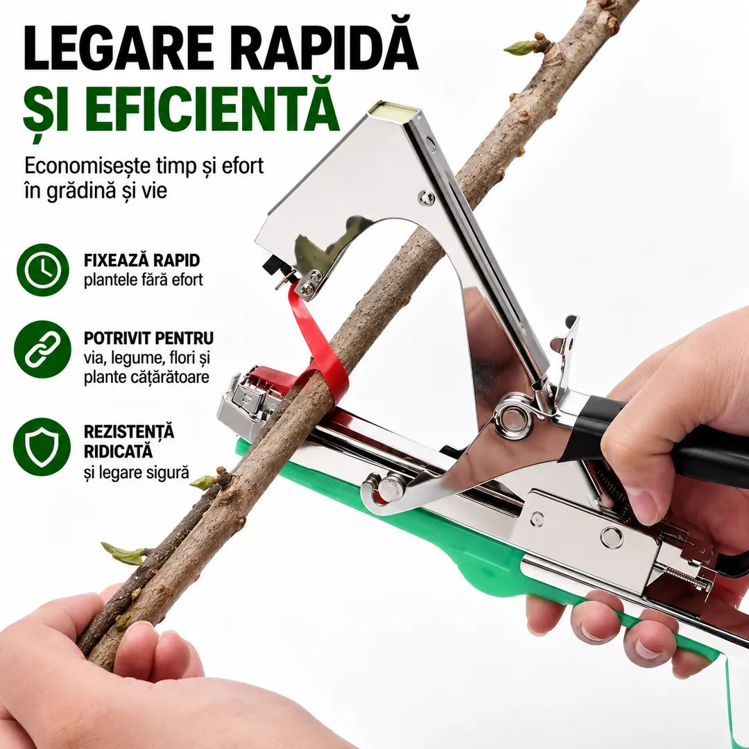 Leagă Plantele Rapid și Fără Efort – Aparat Profesional de Legat Plante cu 10 Role Bandă + 10.000 Capse