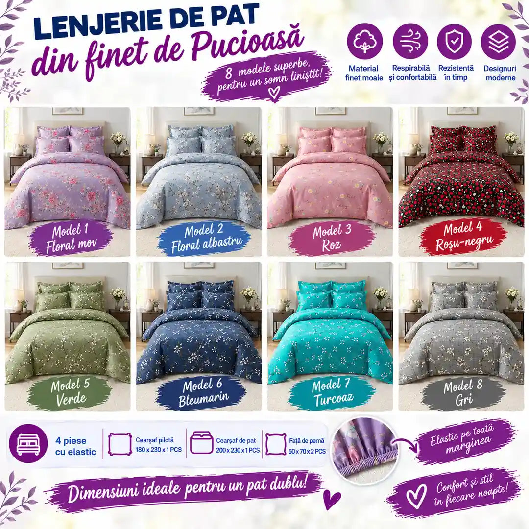 Confort și Eleganță în Fiecare Noapte – Lenjerie de Pat din Finet de Pucioasa, 4 Piese cu Elastic