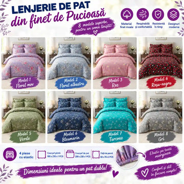 Confort și Eleganță în Fiecare Noapte – Lenjerie de Pat din Finet de Pucioasa, 4 Piese cu Elastic