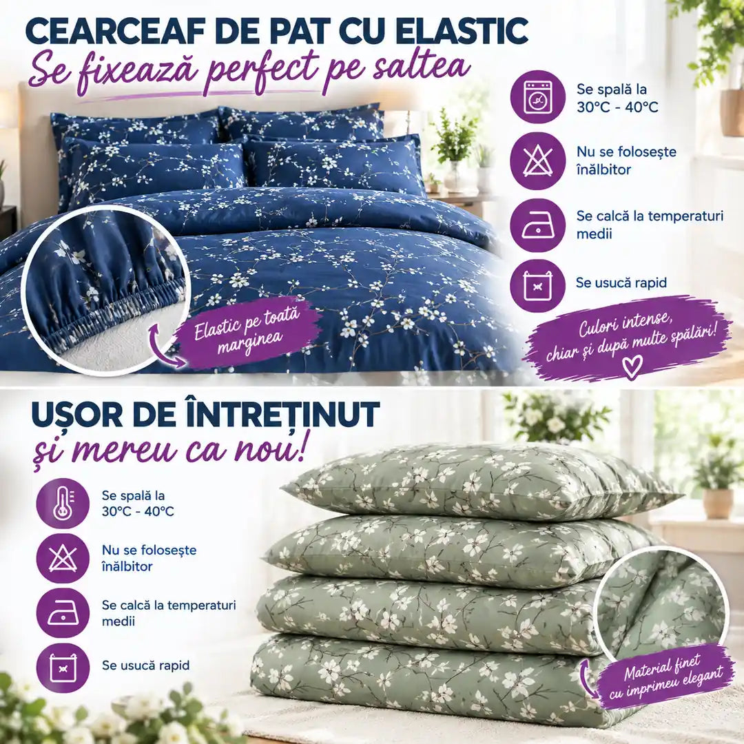 Confort și Eleganță în Fiecare Noapte – Lenjerie de Pat din Finet de Pucioasa, 4 Piese cu Elastic