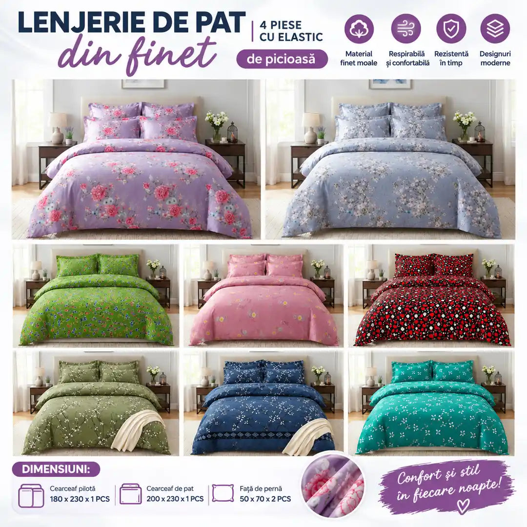 Confort și Eleganță în Fiecare Noapte – Lenjerie de Pat din Finet de Pucioasa, 4 Piese cu Elastic