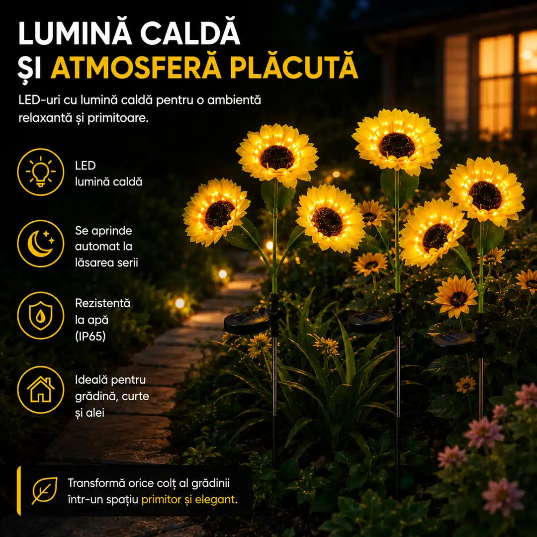 🌻 Flori Care Strălucesc în Fiecare Seară – Lampă Solară LED 2/Set, Model Floarea-Soarelui, 75cm
