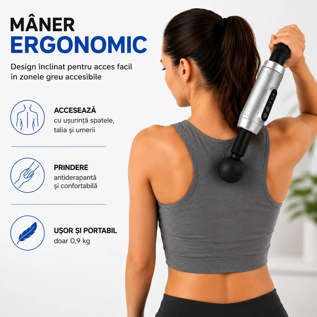 Adio tensiune musculară! – Aparat de Masaj Percutant cu 9 Viteze, 4 Capete și Mâner Ergonomic