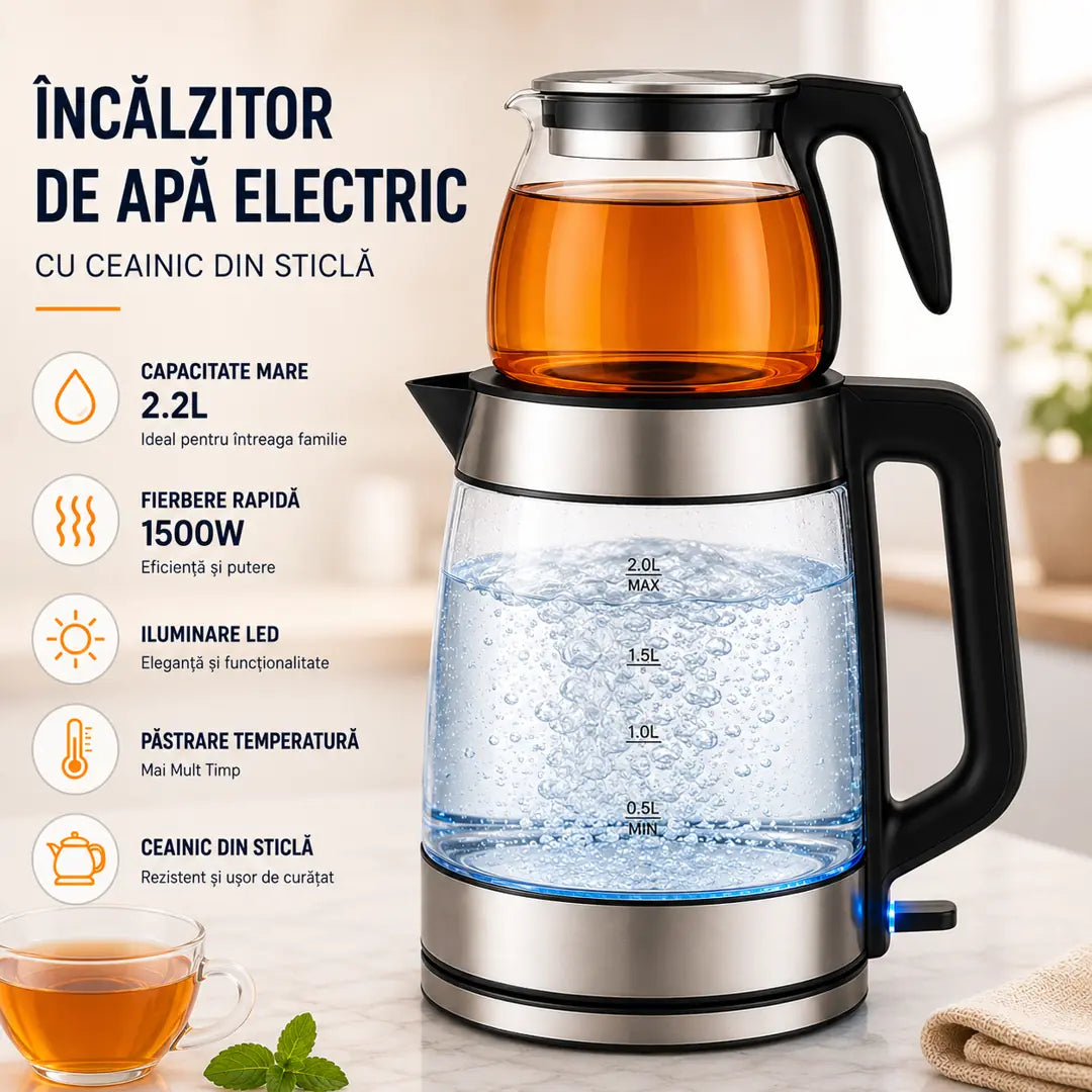 Fierbe Apa Rapid și Savurează Ceaiul Cald Mai Mult Timp – Ceainic + Fierbător 2 în 1 1500W