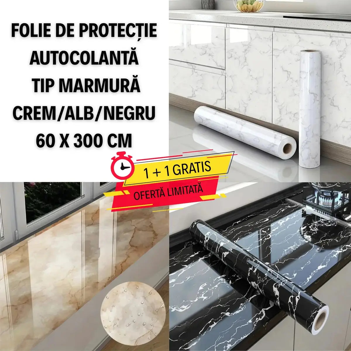 1+1 Gratis! Folie de Protecție Autocolantă tip Marmură ALB/NEGRU/CREM 60 x 300 CM