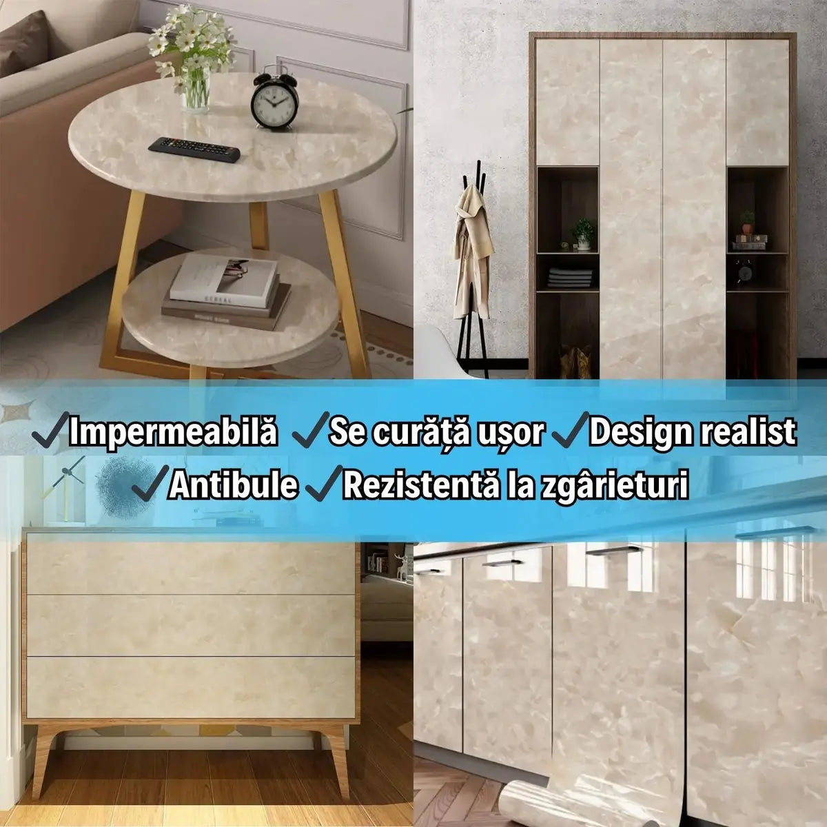 1+1 Gratis! Folie de Protecție Autocolantă tip Marmură ALB/NEGRU/CREM 60 x 300 CM