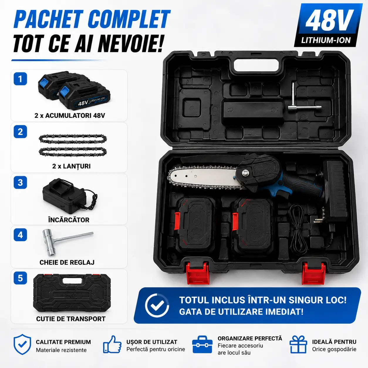 Mini Drujbă Puternică cu Ungere Automată – Pachet Complet cu 2 Acumulatori 48V