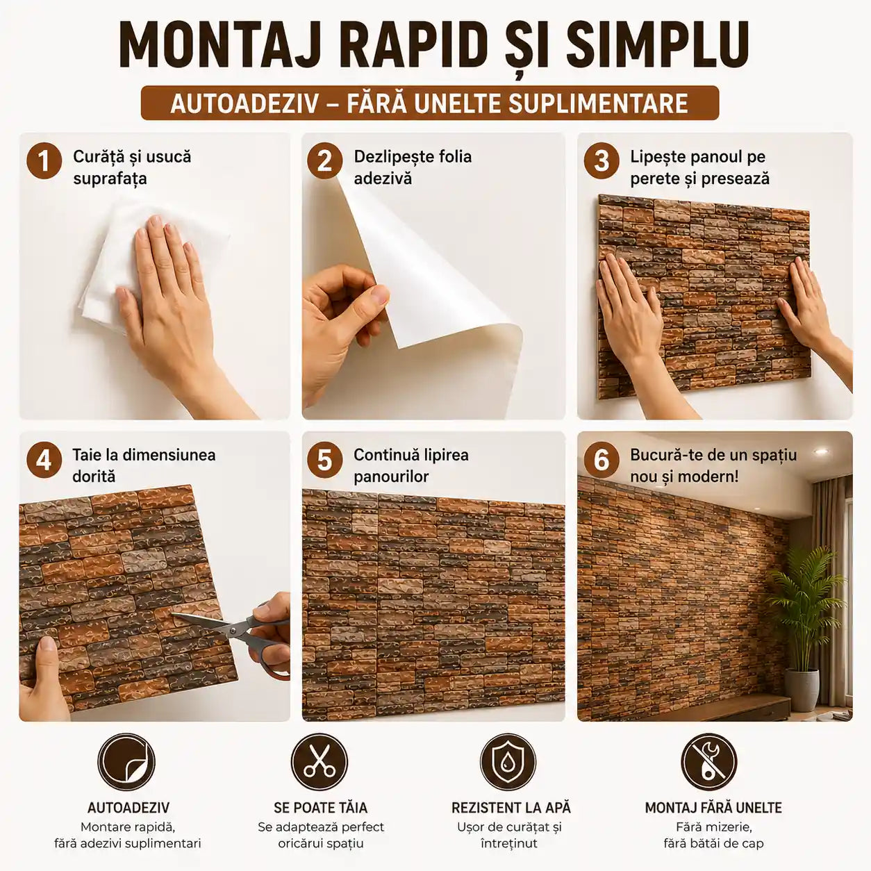 Transformă-ți pereții în câteva minute – Set 5 Bucăți Plăci Decorative 3D Autoadezive, Efect Piatră Naturală, 70×77 cm