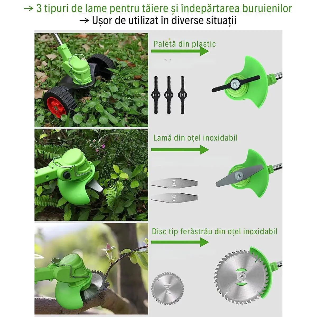Motocoasă Electrică fără fir, 48V, 2 acumulatori 4000mAH, 18000RPM, cu roți detașabile și set complet lame (disc + 2 lame + 5 palete)