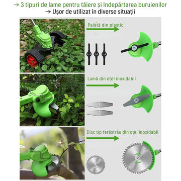 Motocoasă Electrică fără fir, 48V, 2 acumulatori 4000mAH, 18000RPM, cu roți detașabile și set complet lame (disc + 2 lame + 5 palete)