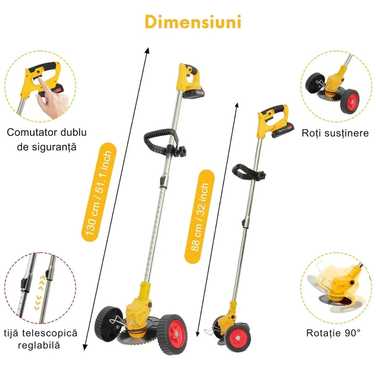 Motocoasă Electrică fără fir, 48V, 2 acumulatori 4000mAH, 18000RPM, cu roți detașabile și set complet lame (disc + 2 lame + 5 palete)