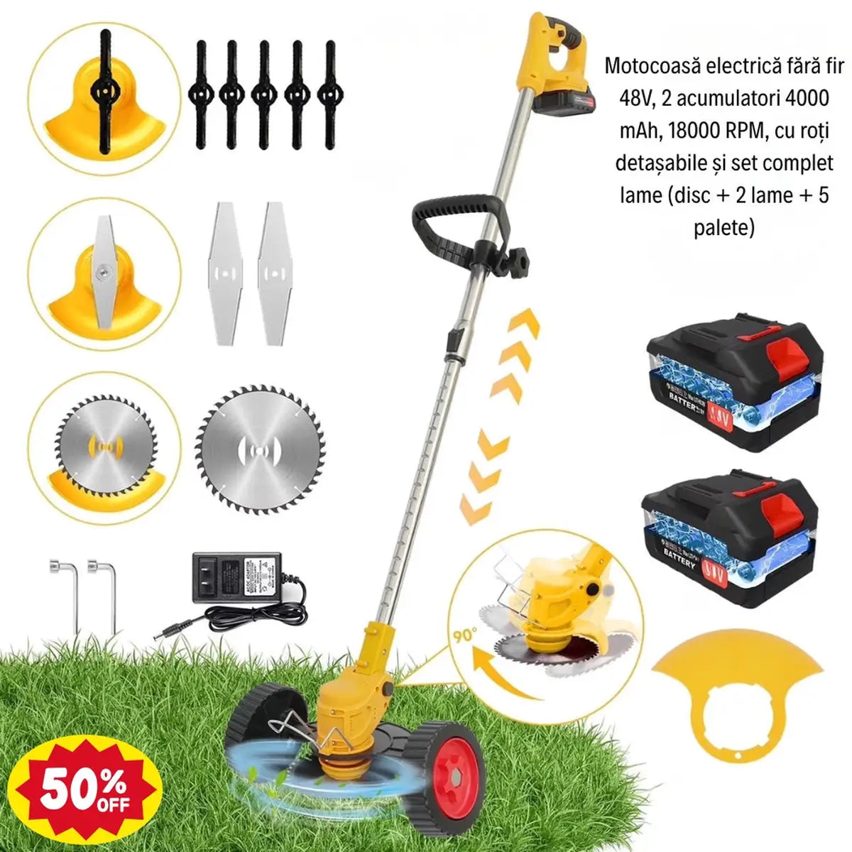 Motocoasă Electrică fără fir, 48V, 2 acumulatori 4000mAH, 18000RPM, cu roți detașabile și set complet lame (disc + 2 lame + 5 palete)