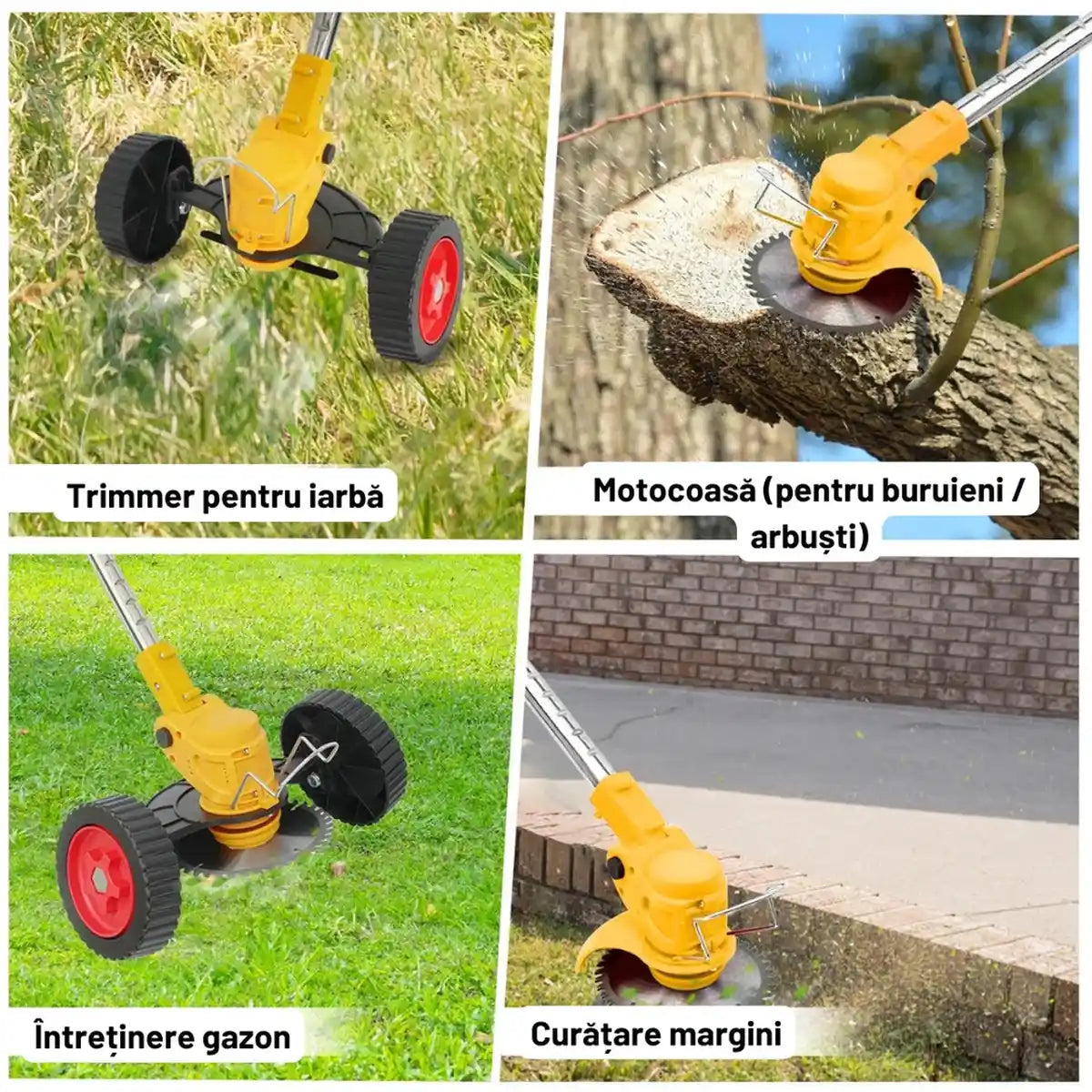 Motocoasă Electrică fără fir, 48V, 2 acumulatori 4000mAH, 18000RPM, cu roți detașabile și set complet lame (disc + 2 lame + 5 palete)