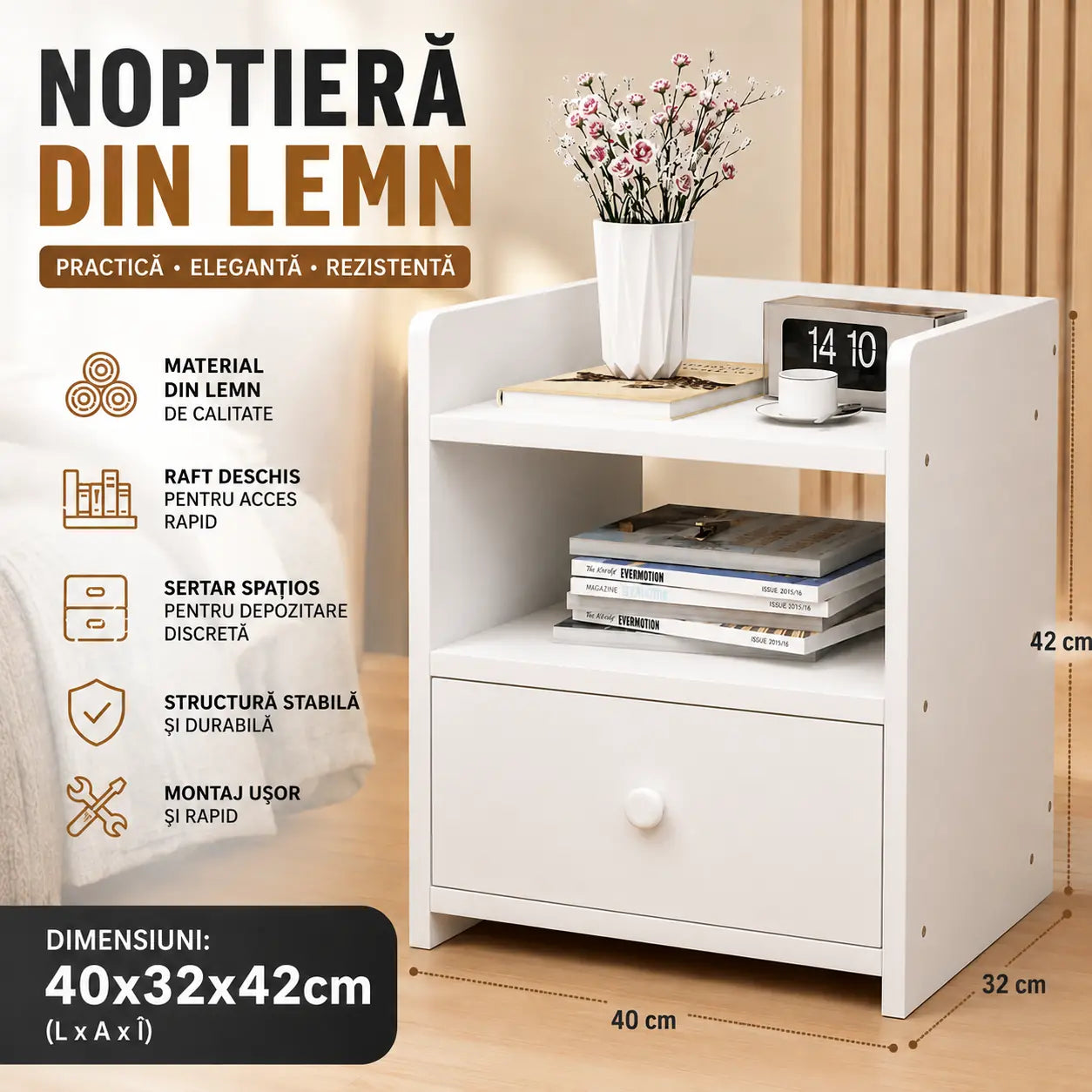 Noptieră Modernă 40×32×42 cm – Practică și Rezistentă