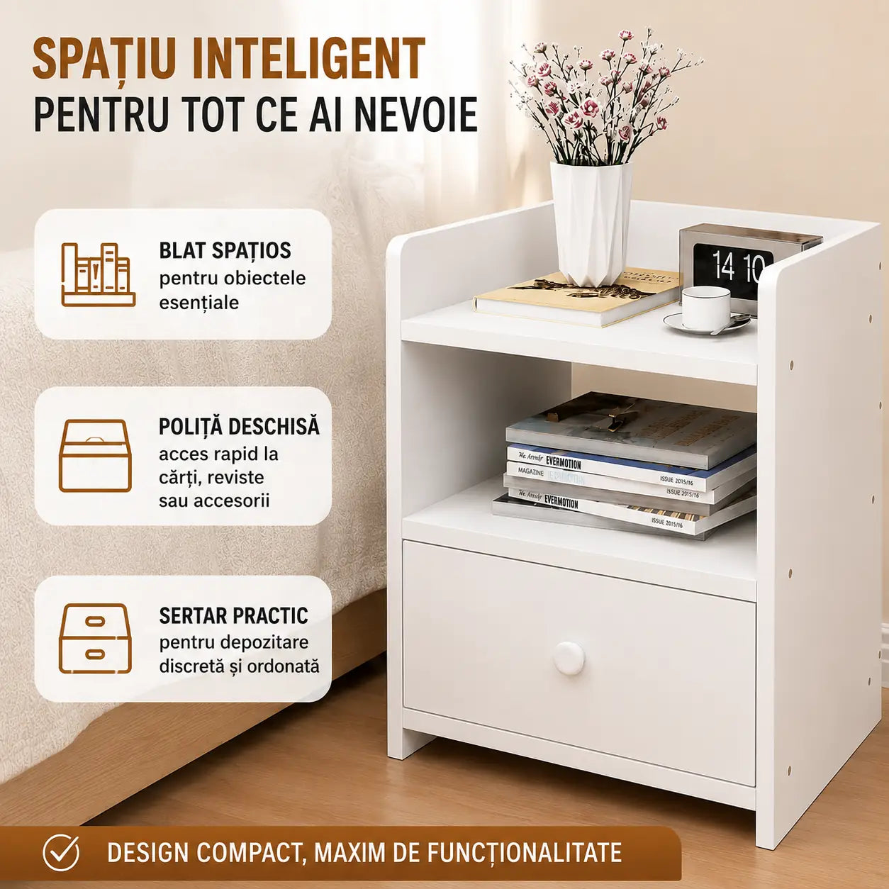 Noptieră Modernă 40×32×42 cm – Practică și Rezistentă