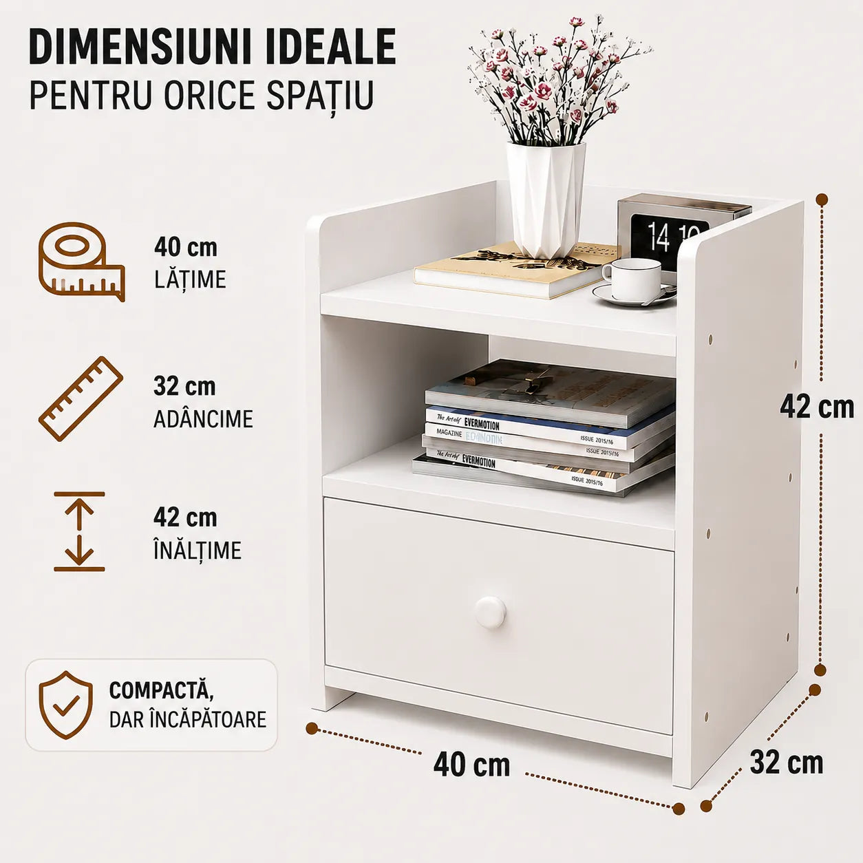 Noptieră Modernă 40×32×42 cm – Practică și Rezistentă
