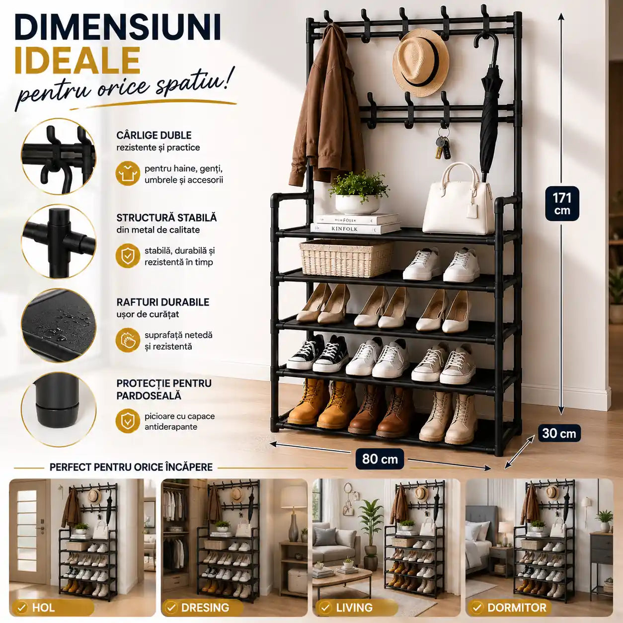 Totul la Locul Lui, Într-un Singur Suport – Cuier Metalic cu 5 Rafturi 171 × 80 × 30 cm