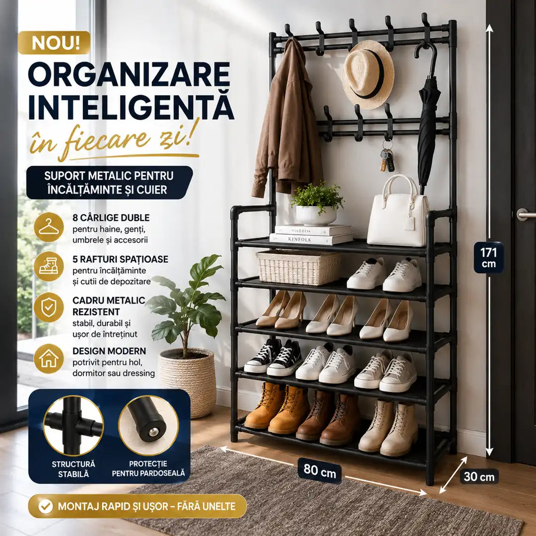 Totul la Locul Lui, Într-un Singur Suport – Cuier Metalic cu 5 Rafturi 171 × 80 × 30 cm