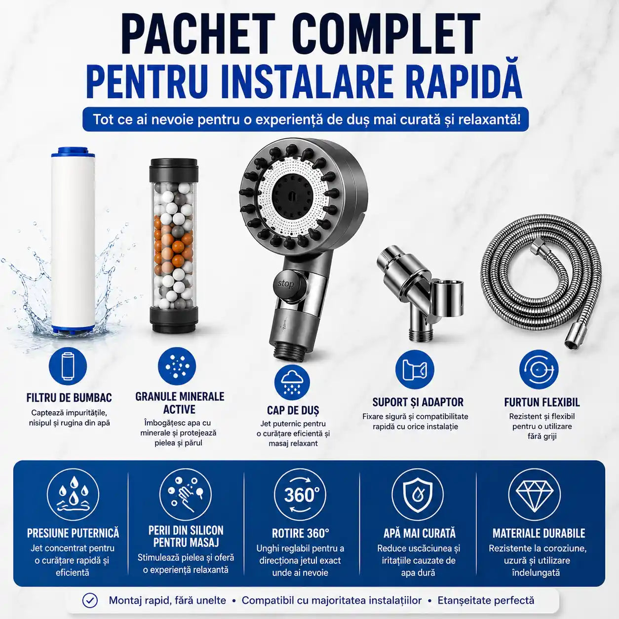 Presiune puternică chiar și la debit redus! – Cap de duș cu 3 funcții, presiune ridicată, filtru și granule minerale active