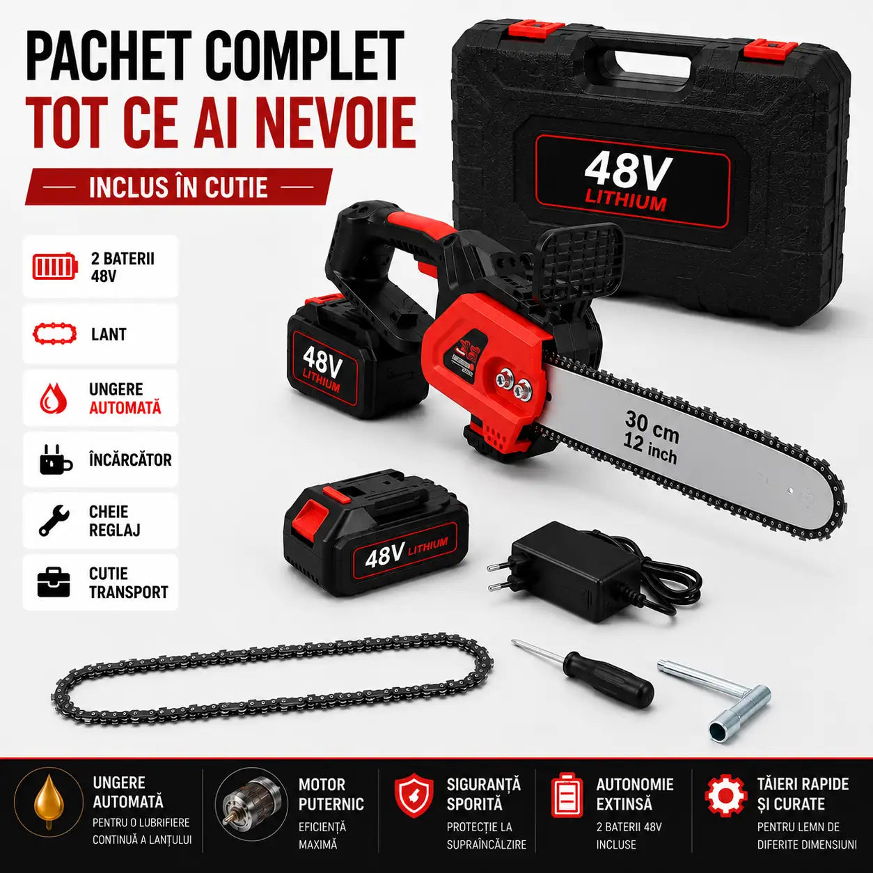 Putere la Fiecare Tăiere – Drujbă Electrică 2 Acumulatori 48V cu Ungere Automată și Lamă 30 cm