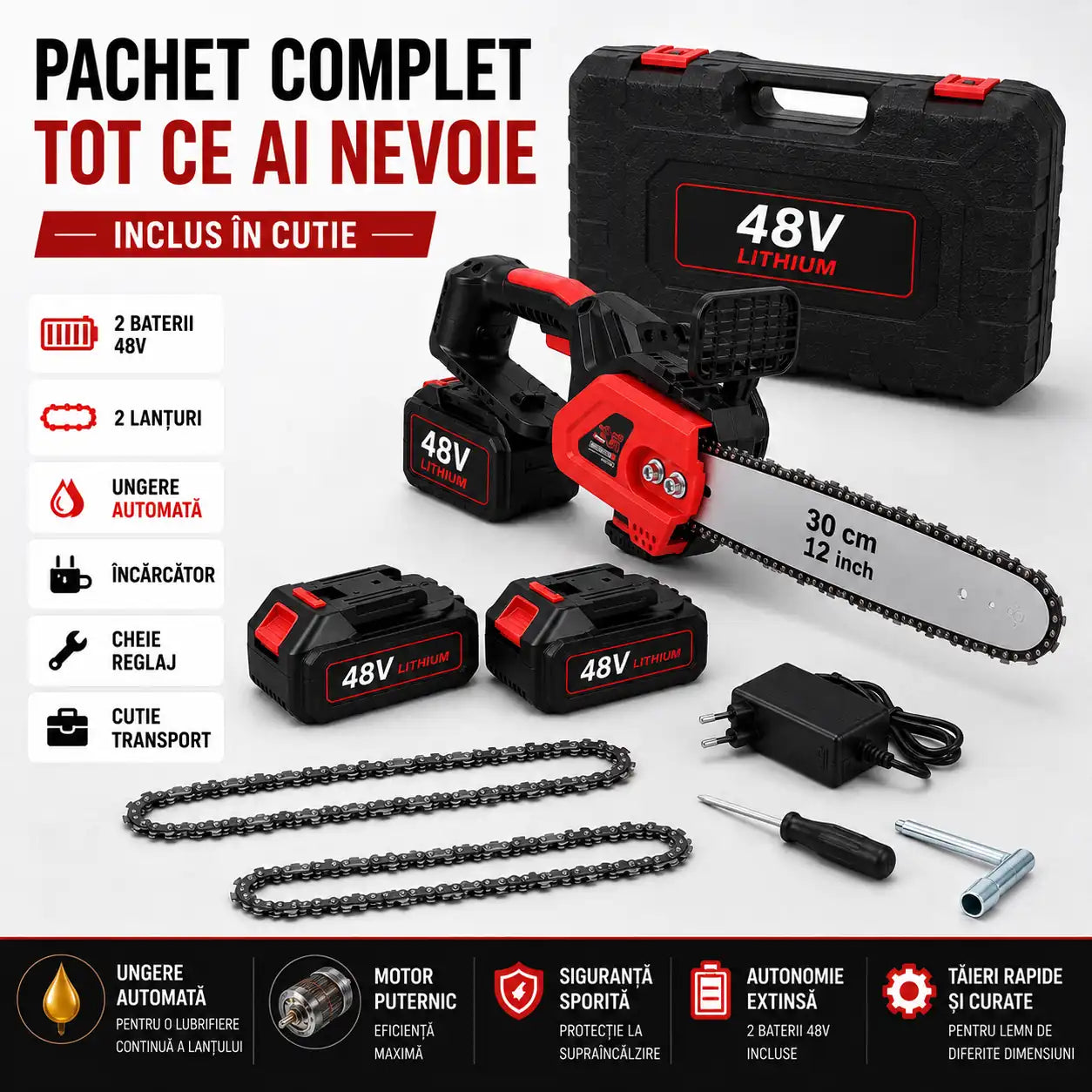 Putere la Fiecare Tăiere – Drujbă Electrică 2 Acumulatori 48V cu Ungere Automată și Lamă 30 cm